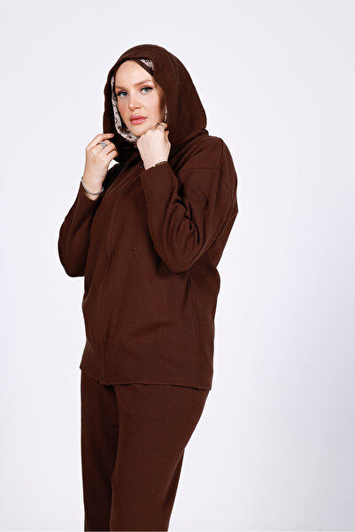 My City 44126 - Stylish Comfortable Soft Textured Knitwear Pants with Zipper, Hooded Cardigan Women's Set