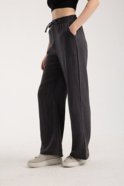 MRS.MODA Linen Fabric High Waist Striped Elastic and String Lace-Up Waist Detailed Trousers