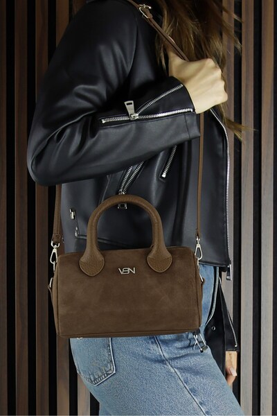 Erkan Saçmacı Light Brown Genuine Cowhide Suede Zippered Small Size Daily Shoulder Bag with Hanging Inner Pocket