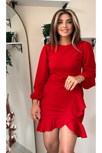 moda wanilia Women's Crew Neck Flounce Detailed Imported Crepe Dress – Engagement, Henna, and Invitation Stylish Dress