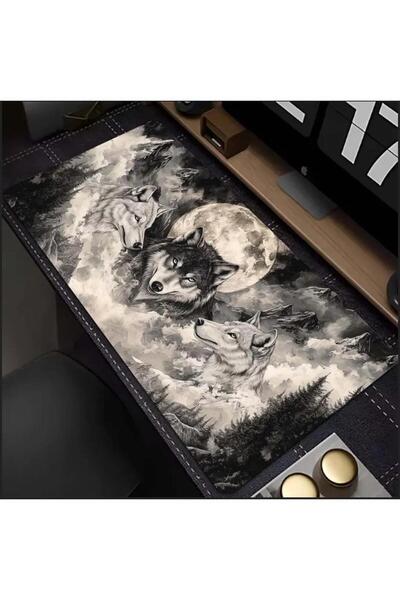 sgeteknoloji Sge Technology 85X34 cm Moon and Wolf Themed Anti-Slip Base Speed Surface Gaming Mouse Pad