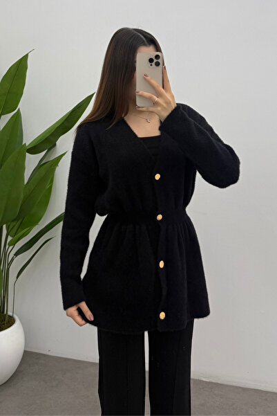 Ladima Women's Black Gold Snap Detailed Soft Knitwear Cardigan