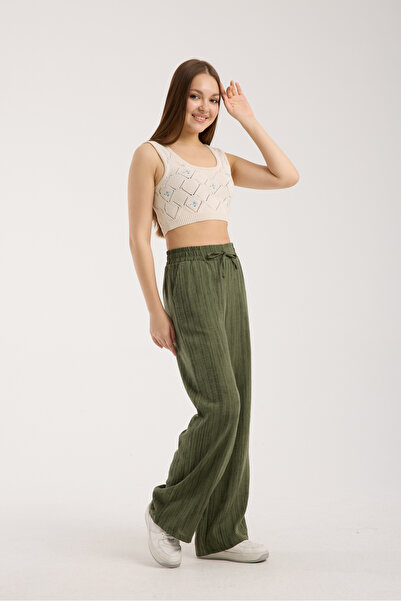 MRS.MODA Linen Fabric High Waist Striped Elastic and String Lace-Up Waist Detailed Trousers