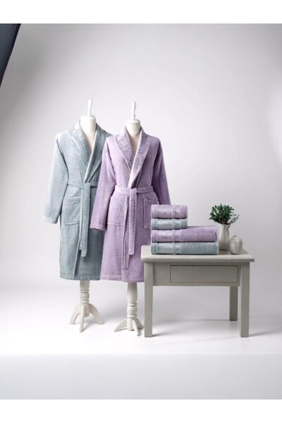 Özdilek Dory and 6-Piece Bathrobe Set (Family) – Lilac-Grey 100% Cotton, Soft and Highly Water Absorbent
