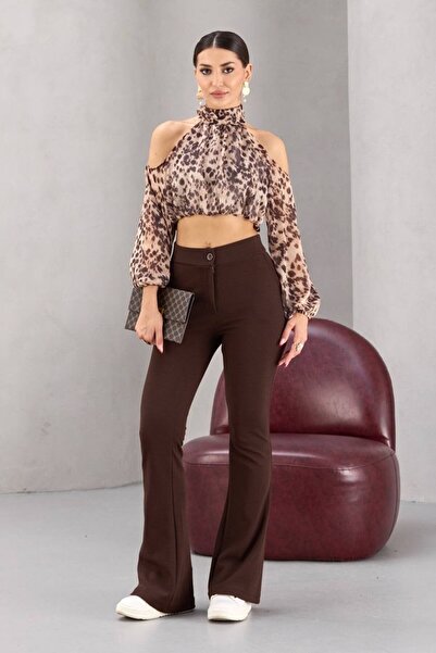 cemo Off-The-Shoulder Cropped Blouse High Neckline Animal Print Shirred Detail