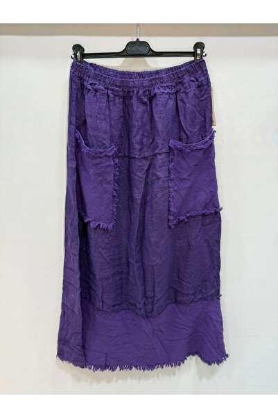 della moor Purple Italian Elastic Waist Tasseled Long Linen Skirt