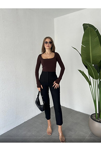 ELAYF بلوزة نسائية ذات ياقة مربعة باللون البني وأكمام طويلة وحزام على شكل حلوى