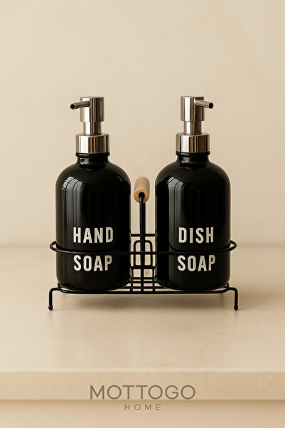 Mottogo 2'li Cam Sabunluk Seti – Metal Pompalı Beyaz (Hand Soap + Dish Soap)