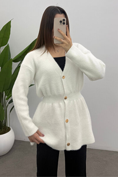 Ladima Women's Ecru Gold Snap Detailed Soft Knit Cardigan