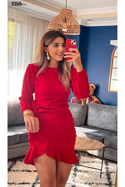 moda wanilia Women's Crew Neck Flounce Detailed Imported Crepe Dress – Engagement, Henna, and Invitation Stylish Dress