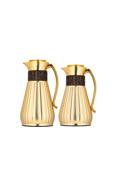 ALSAIF Azza Coffee and Tea Thermos Set, 2 Pieces by Al Saif / Elegant Design to Suit All Tastes, 1.0/0.7 Liter, Matte Gold, Wood Finish