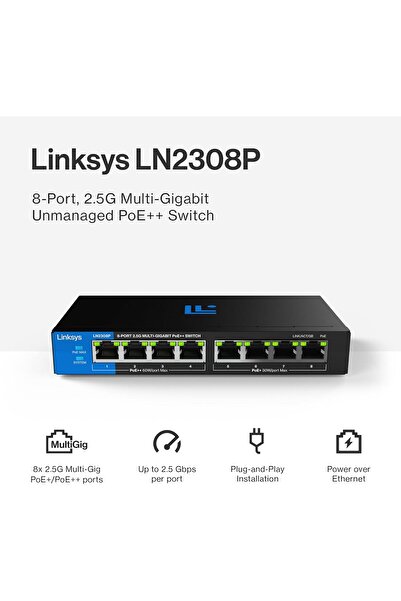 Linksys 8-Port, 2.5G Multi-Gig Unmanaged PoE++ Switch, 180 W PoE Budget, LN2308P-KE
