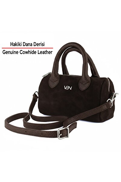 Erkan Saçmacı Brown Genuine Cowhide Suede Zippered Small Size Daily Shoulder Bag with Hanging Inner Pocket