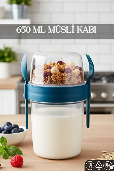 ELDİPA Small Size 650 ml Diet Nutrition Container Double Compartmented with Spoon for Muesli Yogurt Salad Carry Container