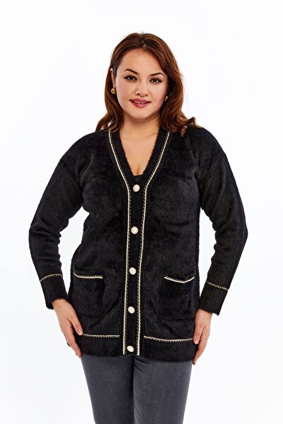 Laden Knitwear Women's Bearded Rope Sim Detailed Thick Coat Winter Mother Cardigan