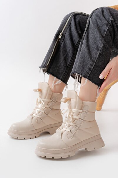 Zerenyus Beige Lace-Up Waterproof Women's Premium Snow Boots