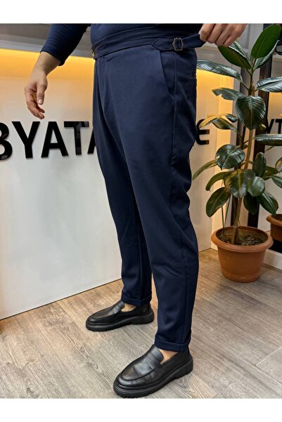 BYATA MENS STYLE Men's Winter Thick Fabric High Waist Double Buckle Italian Pants