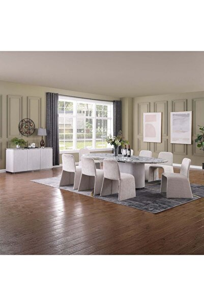 Danube Home Akira 1+8 Stone Top Dining Set - 8-Seater White/Grey Engineered Wood with 2-Year Warranty
