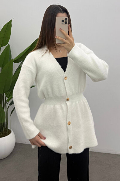 Ladima Women's Ecru Gold Snap Detailed Soft Knit Cardigan