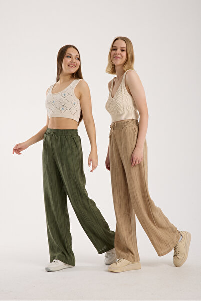 MRS.MODA Linen Fabric High Waist Striped Elastic and String Lace-Up Waist Detailed Trousers