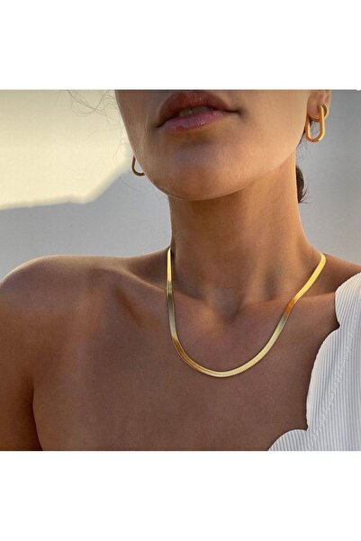 NUR TASARIM ATÖLYESİ Women's Steel Gold Flat Crushed Chain Necklace