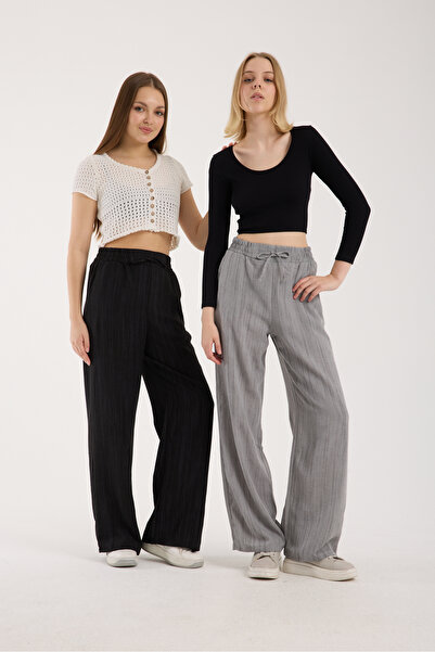 MRS.MODA Linen Fabric High Waist Striped Elastic and String Lace-Up Waist Detailed Trousers