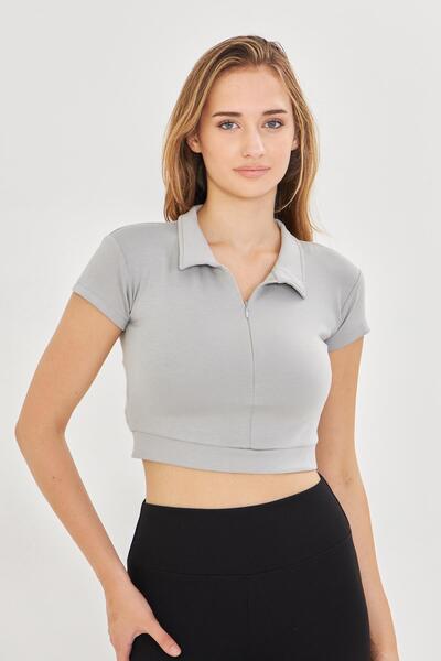 TRENDHİLL Women's Flexible Modal Fabric Polo Neck T-Shirt Gray 8508-g