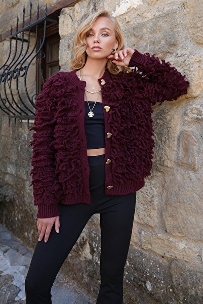 VAGGON Women's Burgundy Crew Neck Heart Buttoned Tassel Cardigan Prmx14465