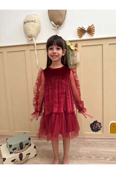 penu baby kids Burgundy Hem Ruffled Long Ruffle Tulle Sleeve Velvet Fabric Girls Kids Baby Girl Dress