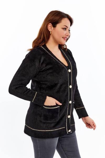 Laden Knitwear Women's Bearded Rope Sim Detailed Thick Coat Winter Mother Cardigan