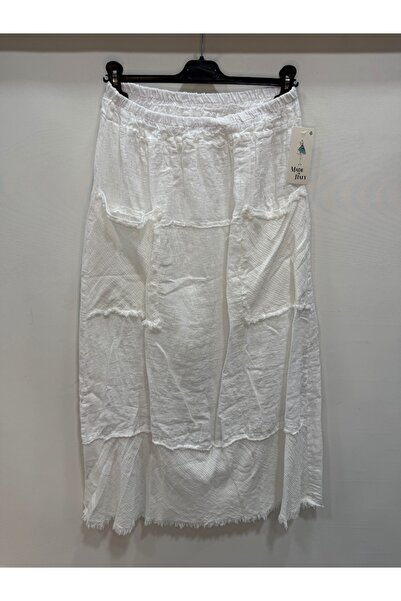 della moor Λευκή ιταλική μακριά λινό φούστα με ελαστική μέση και φούντες