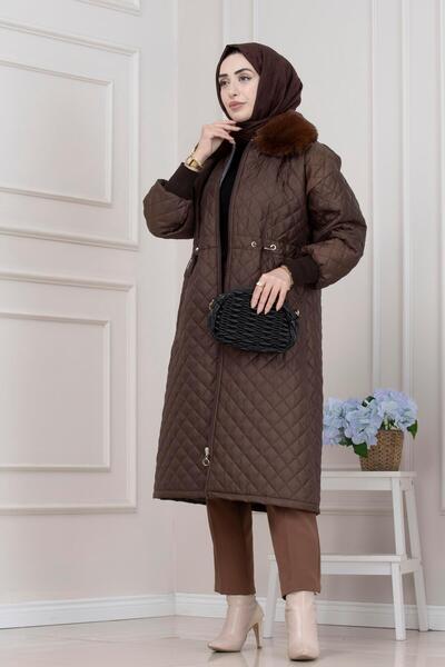 Sevitli Capitone Coat with Fur Collar-Brown