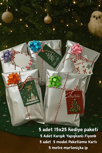 Emtory Home Gümüş Paketleme Seti | Fiyonklu Kartlı 15x25 Hediye Poşeti - Yılb...