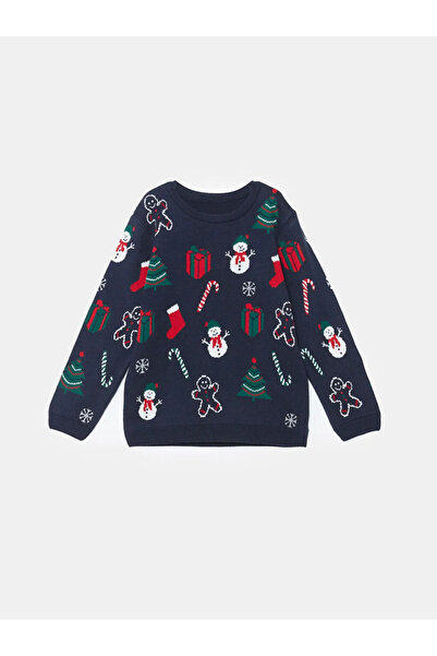 LC Waikiki Lcw Kids Navy Blue Crew Neck Christmas Themed Girl's Knitwear Sweater