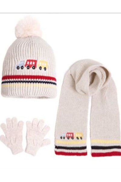 ZERVA QUEEN Fleece Inside, Train Embroidery, Boys' Triple Scarf, Beanie, Gloves Set