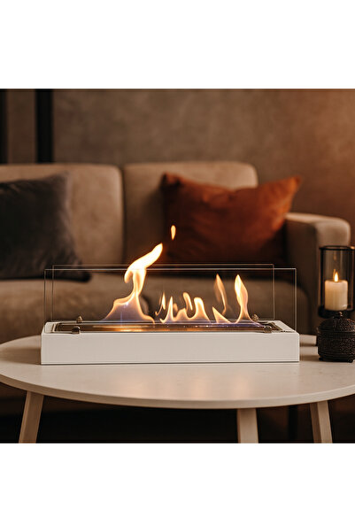Trihome Beyaz Ahşap Modern Bioethanol Masa Üstü Şömine – Alevli Dekor Aksesuarı - Yılbaşı Hediyesi