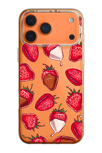 mooodcase iPhone 17 Pro Uyumlu Çikolatalı Çilekler Desenli Şeffaf Silikon Telefon Kılıfı