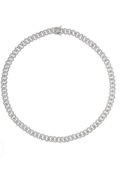 Cuban Cuban Silver Necklace with White Stones