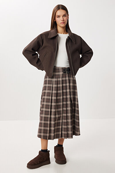 Lovelyİstanbul Belted Checkered Flared Woven Skirt Lns0015 Brown Vison
