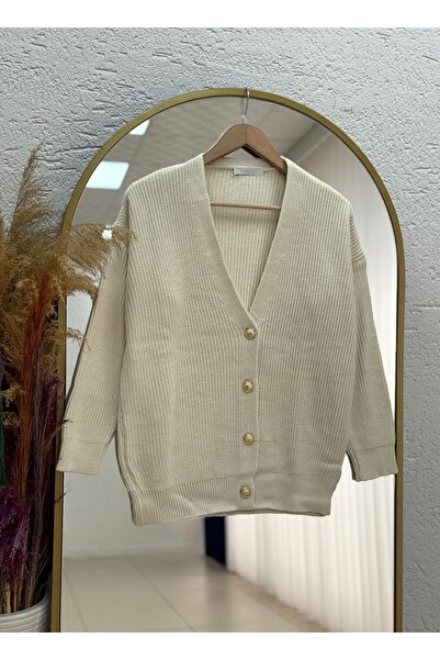 MİHRA STORE Fhina Corded Fabric 4 Gold Button Cardigan-Zi̇6202 Stone