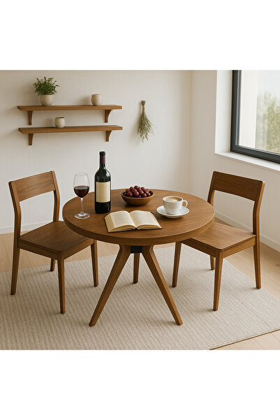 Trihome Masif Gürgen Ağacı Yuvarlak Modern Yemek Masası – El İşçiliği Minimal Tasarım 80cm