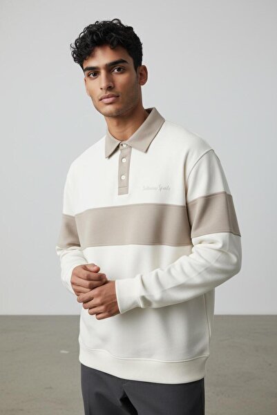 Sarar Interview Snap Polo Collar Combination Ecru Beige Sweatshirt