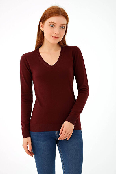 Fashion Friends Stretchy V-Neck Burgundy Women's Sweater 25K0778K1
