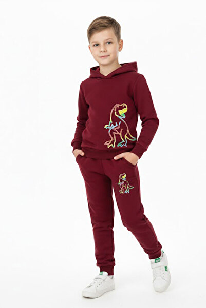 CRASSİ Boy's Tracksuit Set Dinosaur Printed Fleece-Lined Winter