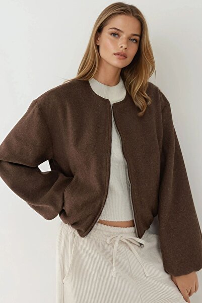 Hiccup Oversized Kaşe Bomber Jacket with Zipper