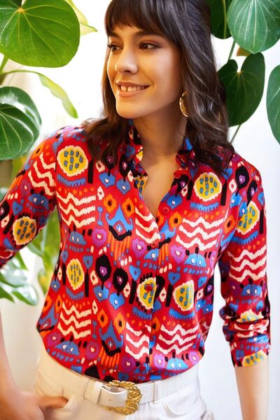 NEW LAVİVA Kadın Fuşya Desenli Uzun Kol Klasik Gömlek new700-K5225