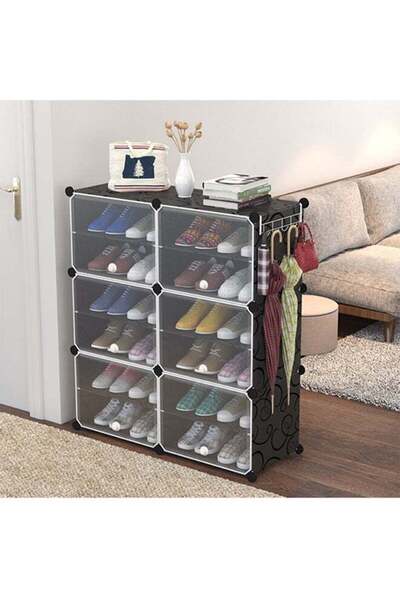 ZeeSquare خزانة أحذية 6 طبقات، صفين، 85×31×96 سم، 12 زوجًا من الأحذية، لون أسود