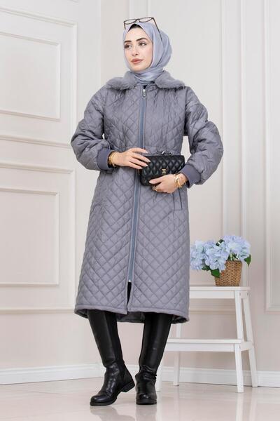 Sevitli Capitone Coat with Fur Collar - Gray