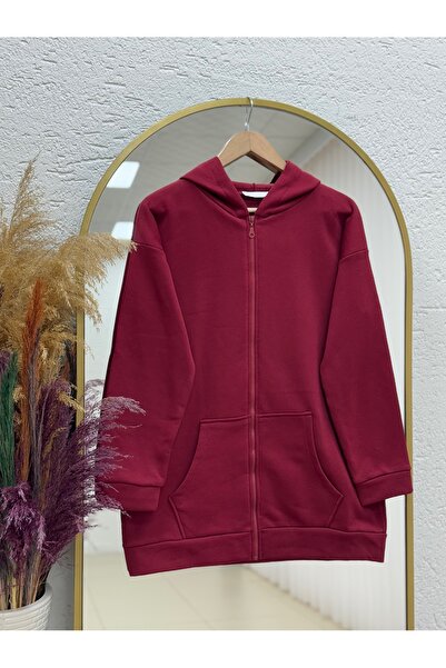 MİHRA STORE Celinda Three Thread Zippered Hooded Cardigan-Zi̇3055 Burgundy