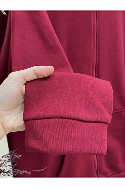 MİHRA STORE Celinda Three Thread Zippered Hooded Cardigan-Zi̇3055 Burgundy